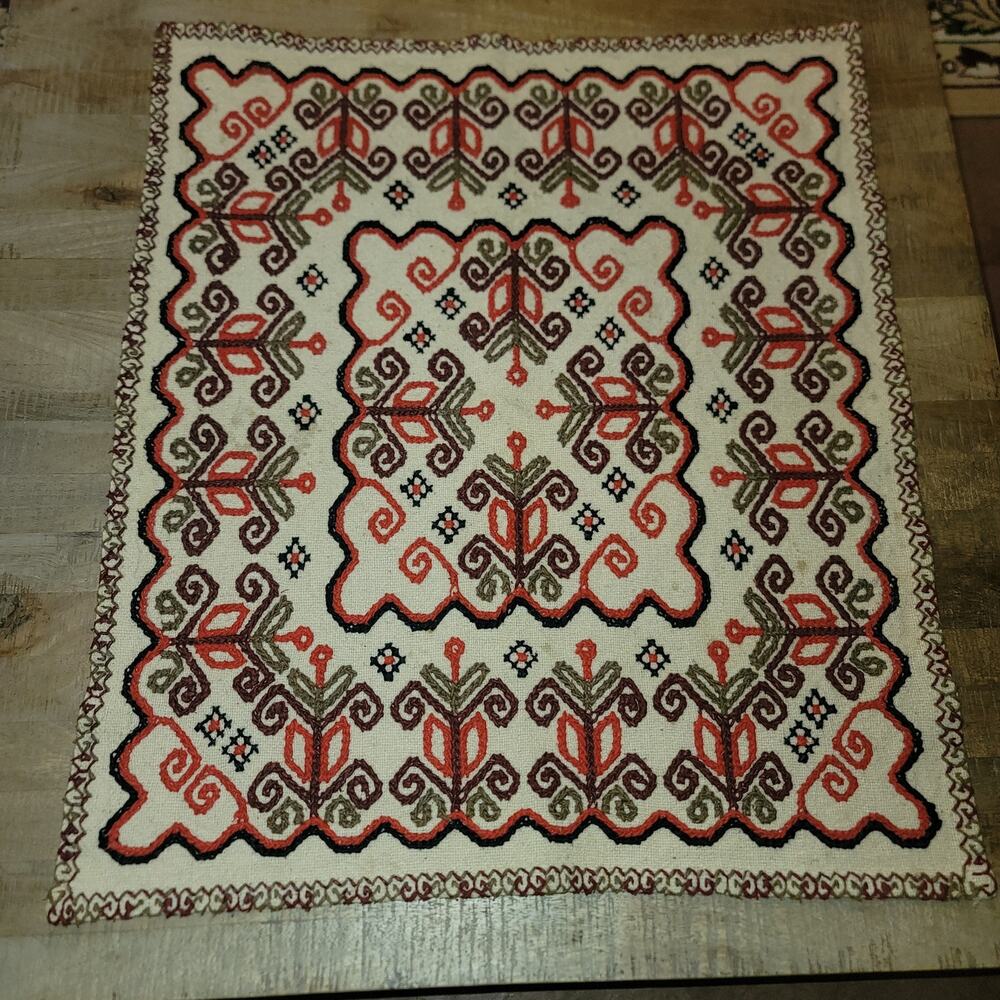 Embroidered Handmade Wool Turkish Tapestry vintage rug 31" x 27" Brown Orange